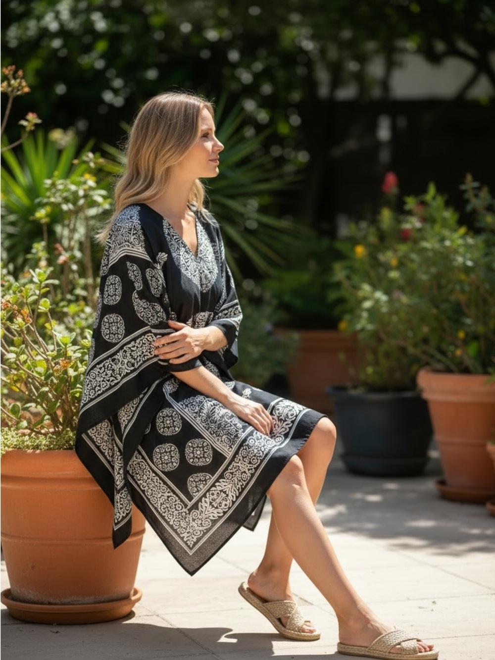 Black & White Printed Swim Coverup Tunic - Easy Beach Kaftan - Picture 3 of 7